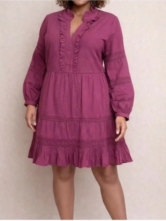 Sundance Ruffled Boho Cottage Style V-Neck Long-Sleeve Dress in Plum Mauve Sz S - Picture 1 of 10